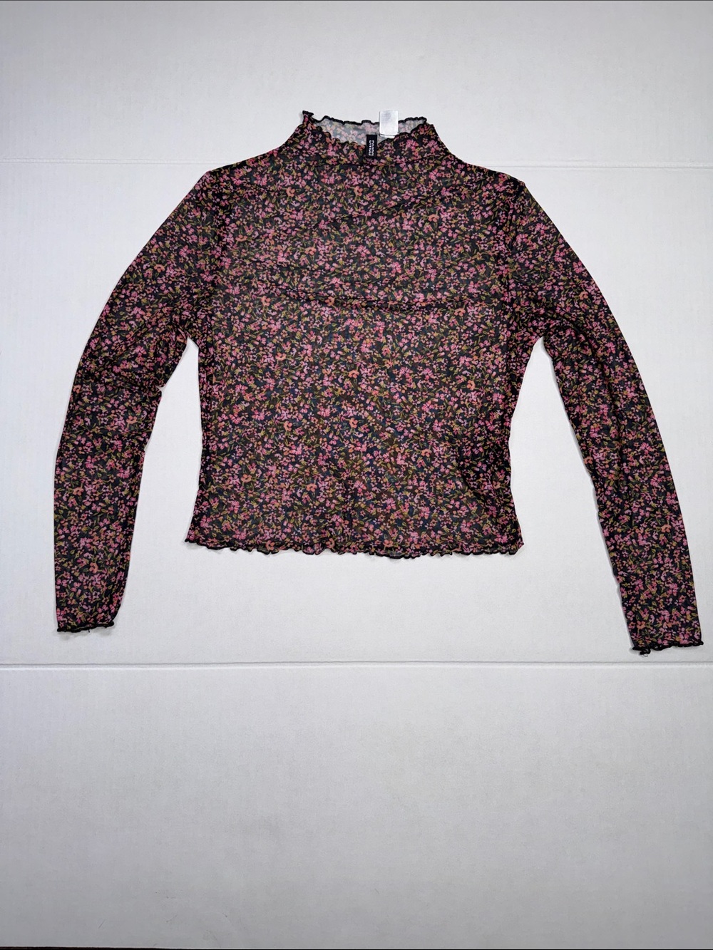 H&M Black Sheer Floral Mock Neck Long Sleeve Top with Pink Flowers
